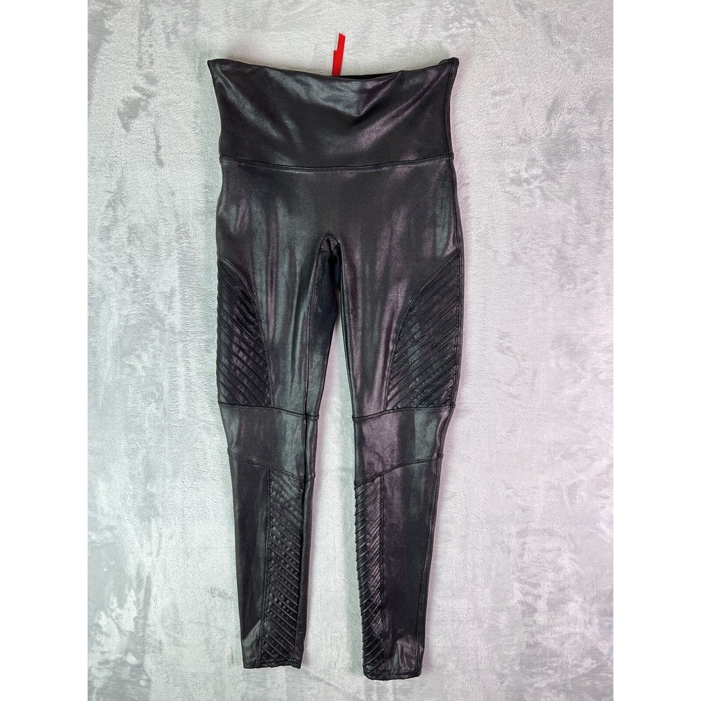 Spanx Faux Leather‎ Moto Leggings Black Size Large Textured Edgy Chic Stretch